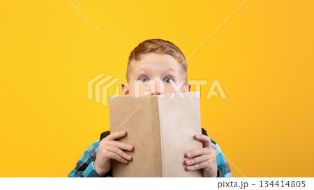 Shocked boy covering his mouth with book, reading exciting stories, yellow studio background, empty space. Emotional smart kid reading book, got impressed by novel. Educational concept 134414805
