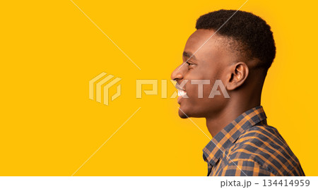Profile Shot Of Cheerful Young African American Guy Looking Aside At Copy Space, Side View Of Positive Black Millennial Man In Checkered Shirt Standing Isolated On Yellow Background, Panorama Profile Shot Of Cheerful Young African American Guy Looking Aside At Copy Space, Side View Of Positive Black Millennial Man In Checkered Shirt Standing Isolated On Yellow Background, Panorama 134414959