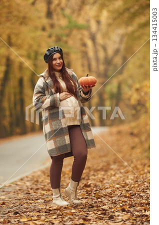 Pregnant woman is standing in the autumn forest Pregnant woman is standing in the autumn forest 134415003