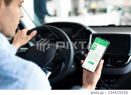 Young man sitting inside of his car with smartphone, using online app to pay for eco fuel online, collage. Energy economics, environment and modern technologies concept 134415558