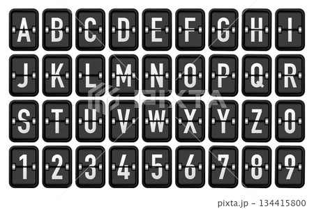 Scoreboard font. Numbers and letters collection for sport games. Flip board mechanical letters. Vector illustration. Scoreboard font. Numbers and letters collection for sport games. Flip board mechanical letters. Vector illustration. 134415800