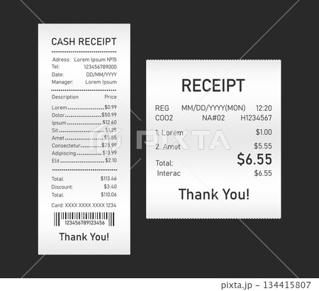 Sales Receipt. Realistic cash register sales receipt. Printout thermal rolled paper. Rolled, front view of bill. Vector illustration. 134415807