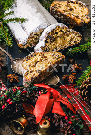 Stollen with filling of raisins, candied fruit Stollen with filling of raisins, candied fruit 134416153