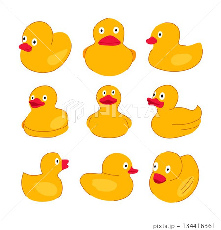 Yellow rubber ducks creating a playful bath time toy collection 134416361