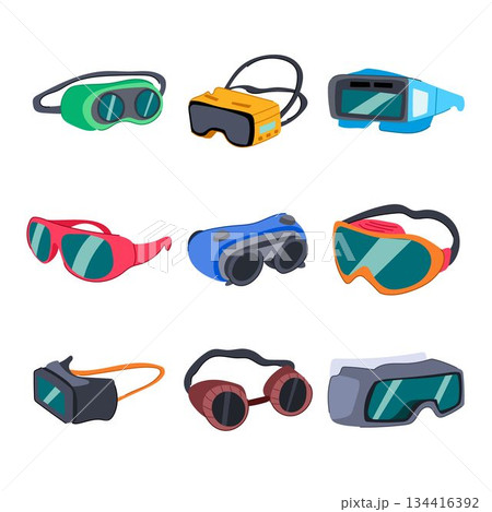 Collection of various protective and innovative eyewear goggles 134416392