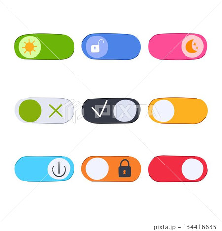 Hand drawing user interface toggle switches with various icons Hand drawing user interface toggle switches with various icons 134416635