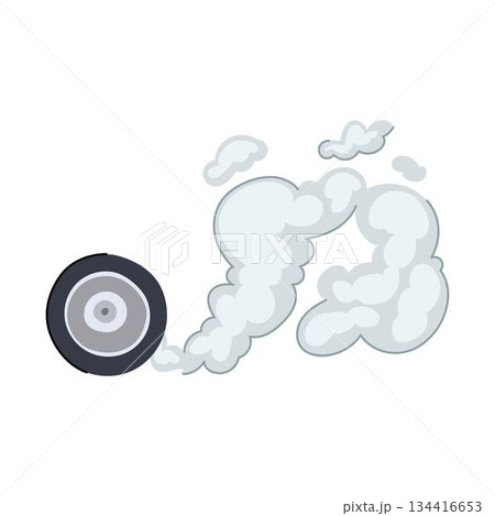 Car wheel spinning creating smoke cloud effect 134416653