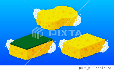 Scrub Sponge. Dish washing tool. Housing floor washing and scrubbing cleaning brush. Concept of cleanliness. Vector illustration. 134416878