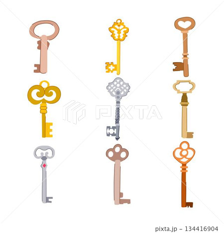 Collection of old skeleton keys unlocking discovery and opportunities 134416904