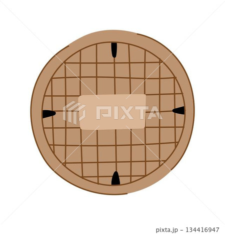 Round manhole cover accessing city street utilities 134416947