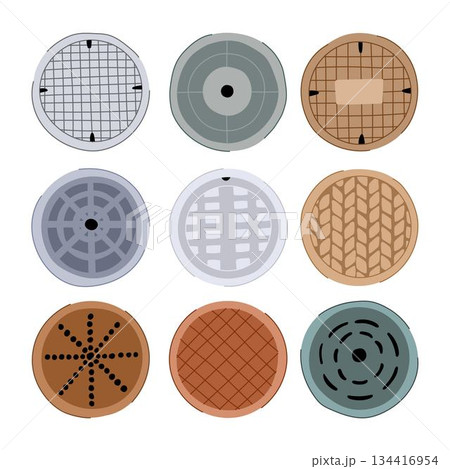 Collection of sewer manhole covers with diverse patterns 134416954
