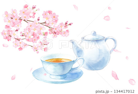 春のカフェ新メニューに使える 桜と紅茶の水彩イラスト（背景透過PNG） 134417012
