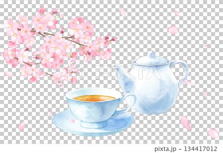 Watercolor illustration of cherry blossoms and black tea (transparent PNG) for your new spring cafe menu 134417012