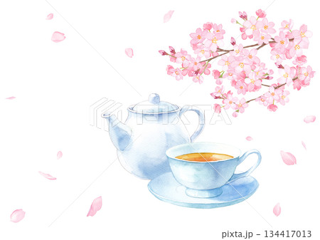 春のカフェ新メニューに使える 桜と紅茶の水彩イラスト（背景透過PNG） 134417013