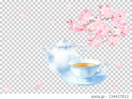 春のカフェ新メニューに使える 桜と紅茶の水彩イラスト（背景透過PNG） 134417013