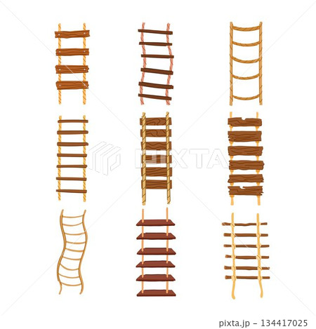 Different rope and wooden ladders showing climbing progress 134417025