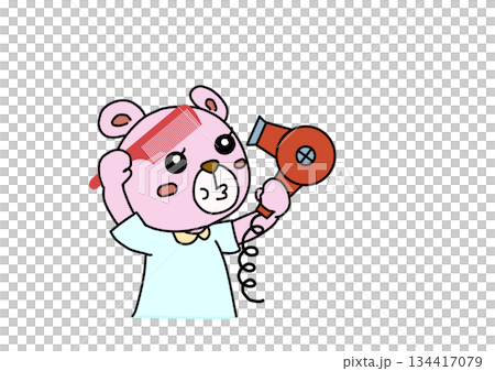 ドライヤーで髪を乾かすピンクのクマ 134417079