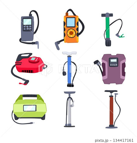 Various air pumps inflating tires and equipment set 134417161