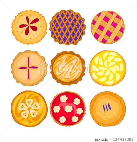 Assortment of sweet fruit pies and tarts from top view 134417308