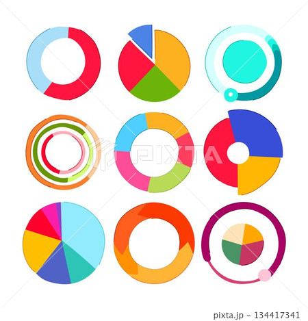 Varying colorful pie and donut chart infographics 134417341