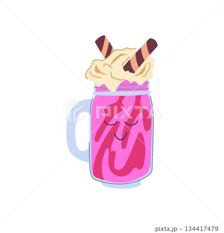 Kawaii pink milkshake character with whipped cream topping Kawaii pink milkshake character with whipped cream topping 134417479