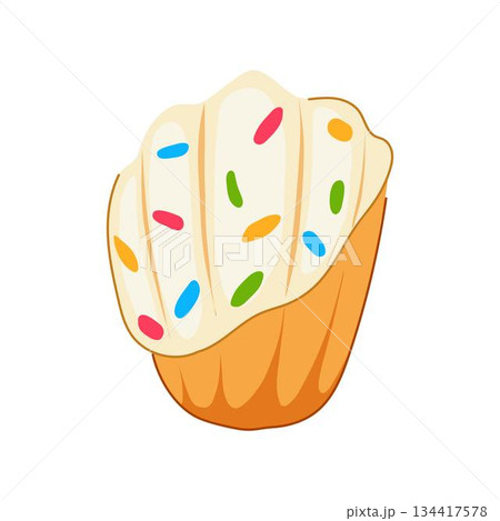 Madeleine cake with frosting and colorful sprinkles 134417578