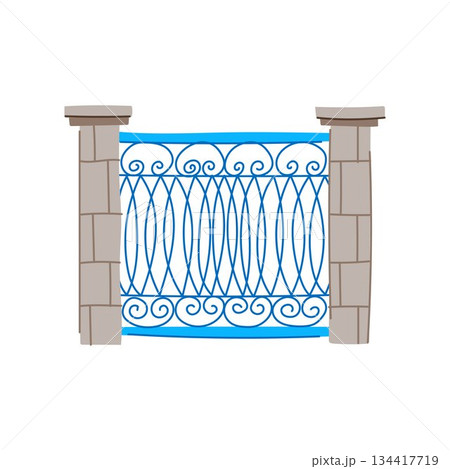 Blue decorative metal fence panel with stone pillars Blue decorative metal fence panel with stone pillars 134417719