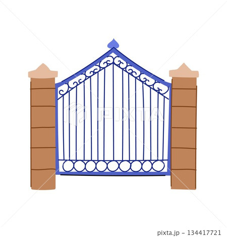 Ornate blue gate with brick pillars for property entrance 134417721