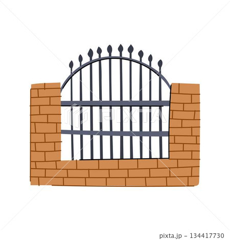Decorative wrought iron fence section on brick wall 134417730