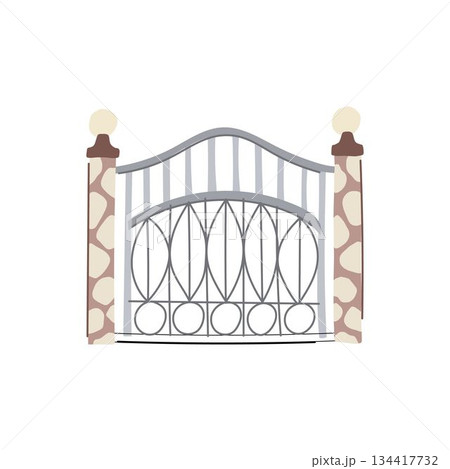 Decorative metal gate with stone pillars providing security Decorative metal gate with stone pillars providing security 134417732