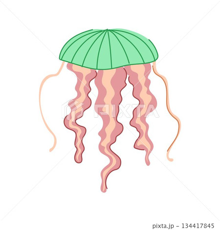 Cartoon jellyfish floating with green bell and pink tentacles 134417845