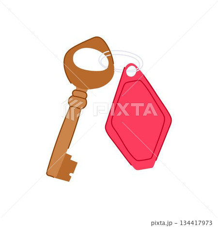 Old brass key with red blank tag for hotel room access Old brass key with red blank tag for hotel room access 134417973