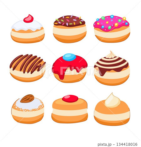 Hanukkah sufganiyot collection with colorful toppings 134418016