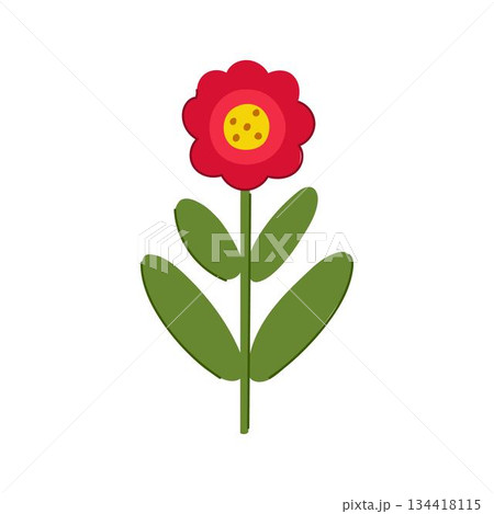 Abstract geometric flower with red petals and green leaves 134418115
