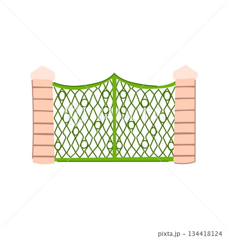 Decorative green ornate gate with brick pillars Decorative green ornate gate with brick pillars 134418124