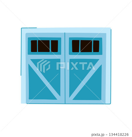 Blue garage door with decorative planks and windows Blue garage door with decorative planks and windows 134418226