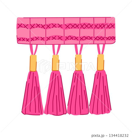Pink decorative textile trim with elegant hanging tassels Pink decorative textile trim with elegant hanging tassels 134418232