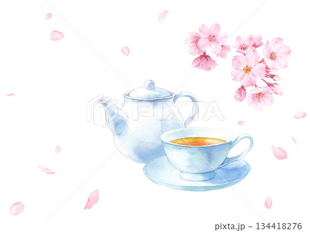 春のカフェ新メニューに使える 桜と紅茶の水彩イラスト(背景透過PNG) 春のカフェ新メニューに使える 桜と紅茶の水彩イラスト(背景透過PNG) 134418276