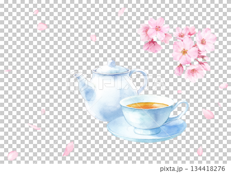 Watercolor illustration of cherry blossoms and black tea (transparent PNG) for your new spring cafe menu Watercolor illustration of cherry blossoms and black tea (transparent PNG) for your new spring cafe menu 134418276