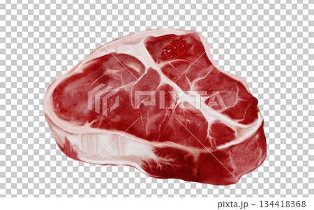 Fresh raw beef steak watercolor illustration. Food clip art. Hand-drawn organic cow meat on a white background. Perfect for cookbook design, restaurant menus, and butcher shop signs. 134418368