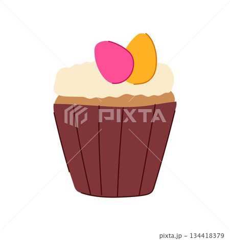 Easter cupcake featuring colorful eggs and frosting 134418379