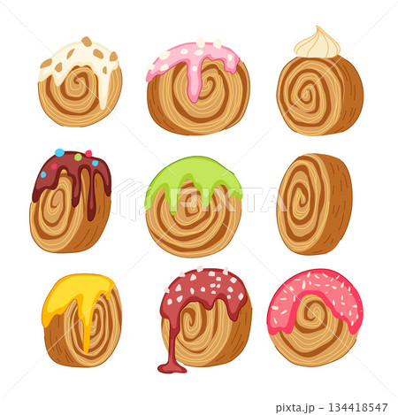 Cromboloni cake rolls with colorful icing and toppings Cromboloni cake rolls with colorful icing and toppings 134418547