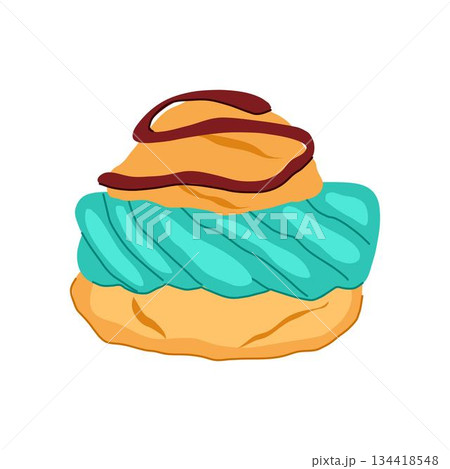 Cream puff with turquoise frosting and chocolate drizzle Cream puff with turquoise frosting and chocolate drizzle 134418548