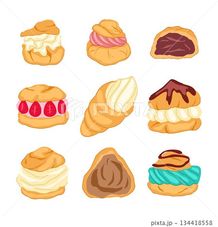Variety of sweet cream puffs and choux pastry desserts Variety of sweet cream puffs and choux pastry desserts 134418558