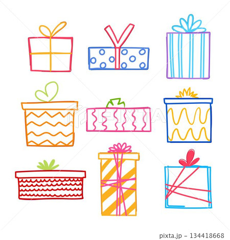 Colorful hand drawn gift boxes celebrating different occasions Colorful hand drawn gift boxes celebrating different occasions 134418668