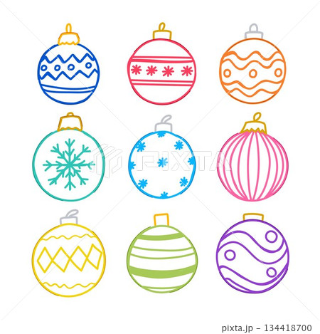 Colorful hand drawn christmas ornaments celebrating holiday season 134418700