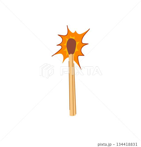 Burning wooden matchstick igniting a bright orange flame 134418831