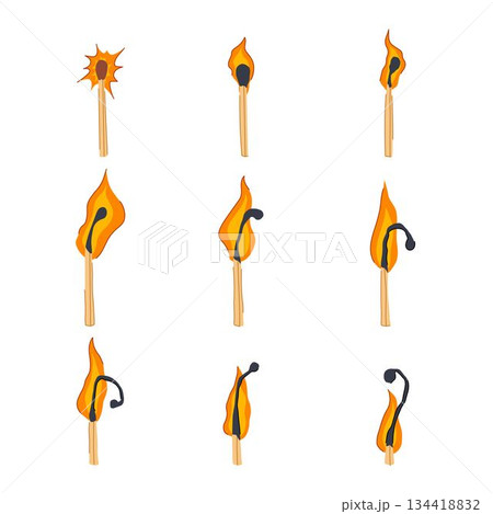 Burning wooden matchstick stages process illustration 134418832
