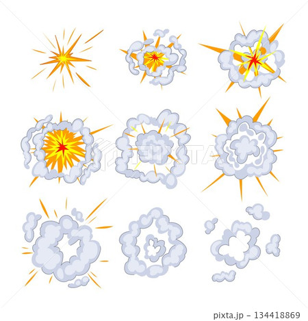Cartoon explosion effects set showing dynamic bursts and smoke clouds 134418869