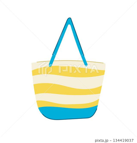 Striped beach bag with blue handles illustrating summer vacation concept Striped beach bag with blue handles illustrating summer vacation concept 134419037